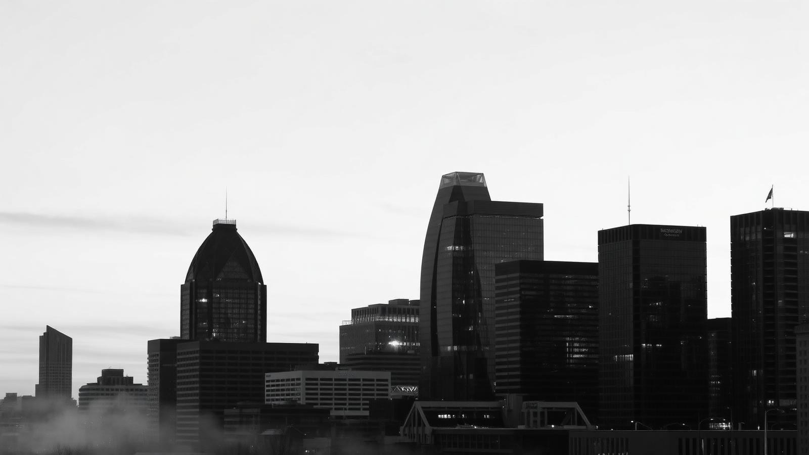 Black and white photograph of the Indianapolis skyline